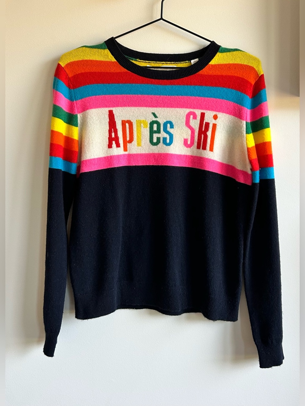 Chinti & Parker 100% Cashmere Black Crewneck Sweater with Rainbow Stripes